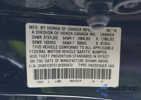 2018 Honda Civic Lx из США, поврежденный, VIN 2HGFC2F51JH595472